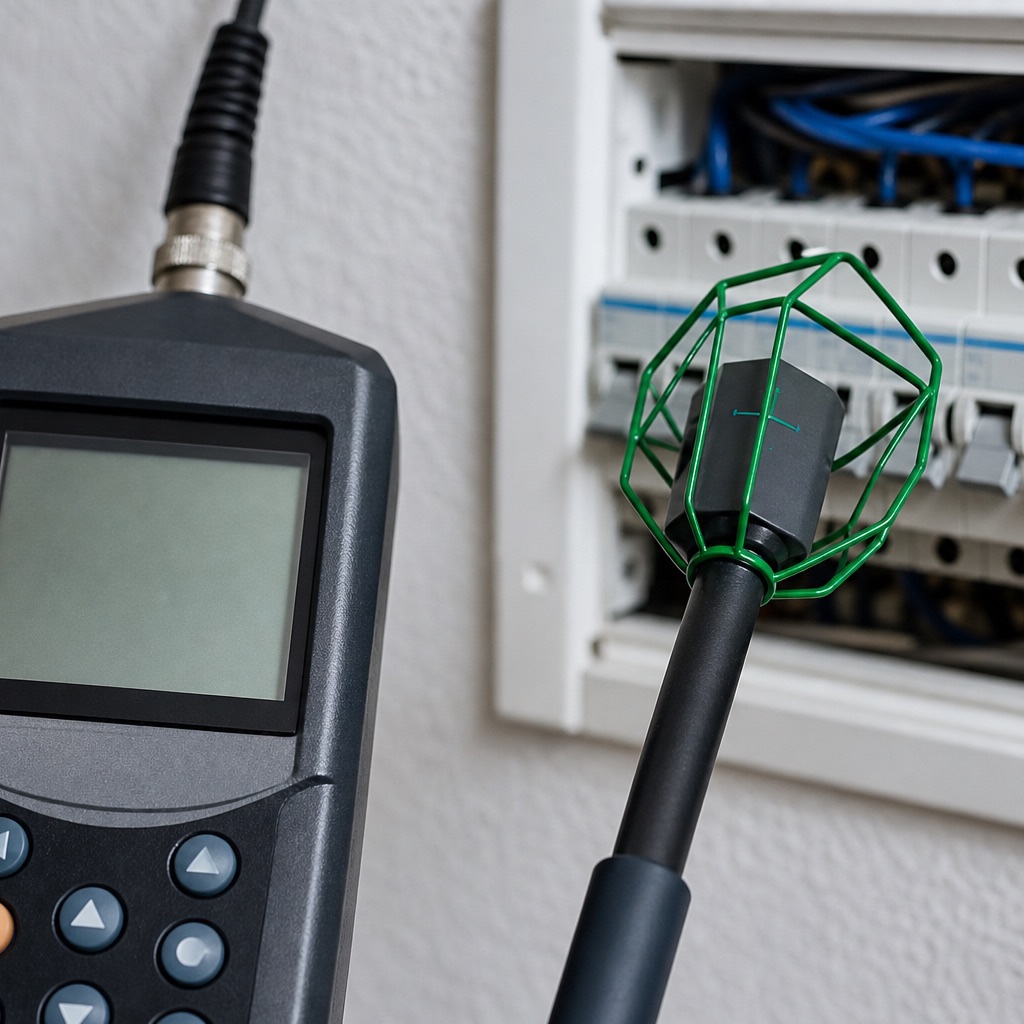 Niederfrequentes Feldmessgerät mit Handsonde nahe einer Elektroinstallation in einer modernen Wohnung